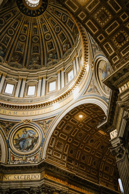 Ornamental dome with mosaic and fresco paintings in basilica