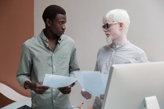 Two diverse colleagues in casual attire discussing documents in a modern office setting.