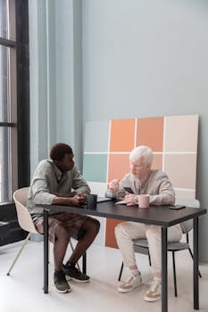 Two diverse colleagues engaging in a conversation over coffee in a modern office setting.