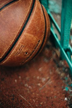 Detailed view of a leather basketball resting against a green fence on an outdoor court.