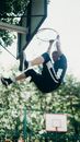 A Man Hanging on Basketball Hoop