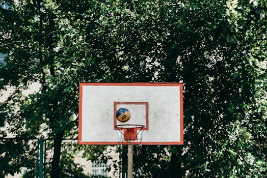 A vibrant image of a basketball hoop with a ball mid-air surrounded by lush trees, perfect for sports themes.