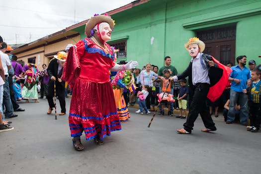 Colorful costumes and traditional dances at the San Sebastian Festival parade in Diriamba, Nicaragua.