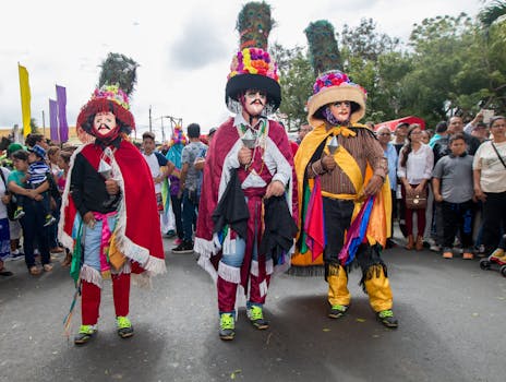 Traditional performers in colorful costumes during Diriamba festival, Nicaragua.