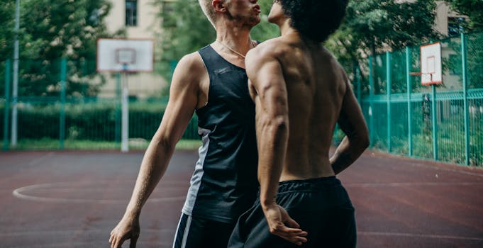 Two men playing basketball outdoors with focus on close contact and athleticism.
