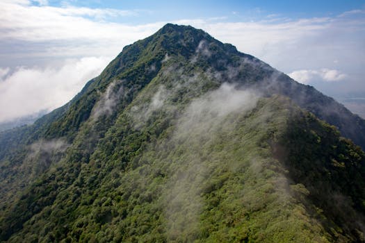 Stunning aerial photo of Mombacho Volcano engulfed in mist, located in Nicaragua.