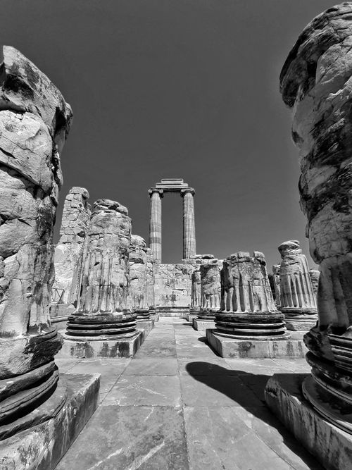 Free Black and white photo of ancient stone columns and ruins under a clear sky. Stock Photo