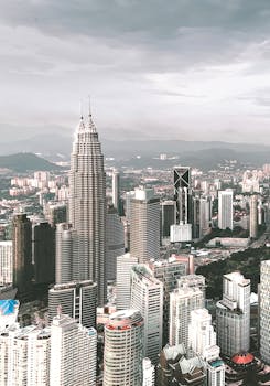 Aerial view of Kuala Lumpur skyline featuring modern skyscrapers and iconic landmarks under a cloudy sky.