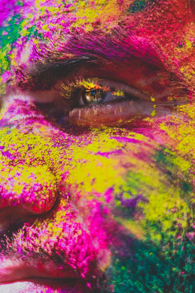 Man Covered Face With Colorful Powder Paints