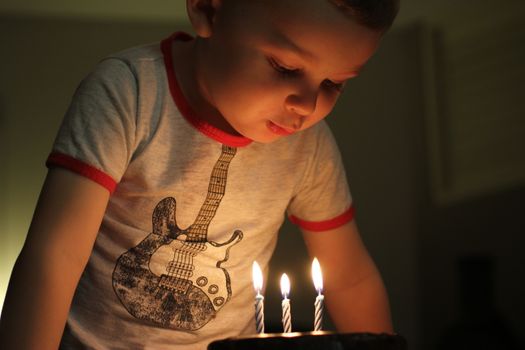 A young child blows out candles on a birthday cake, creating a warm and intimate moment.