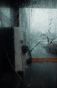 View through a raindrop-covered window at a phone booth on a rainy day in Blackpool, UK.