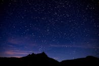 夜幕下，壮丽山脉的剪影映衬着黑暗的天空，高地上明亮的星星在自然中闪烁