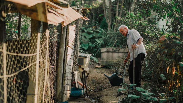 Man Holding A Hose Watering The Plants