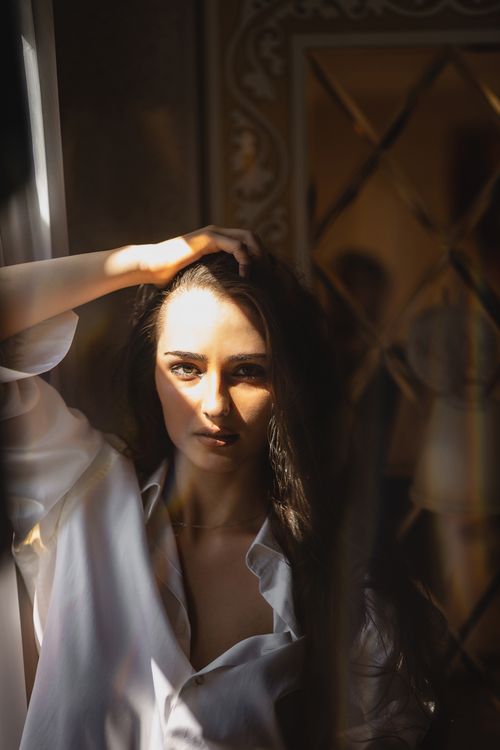 Free A woman gazes confidently at the camera in a sunlit, ornate room, casting dramatic shadows across her face. Stock Photo