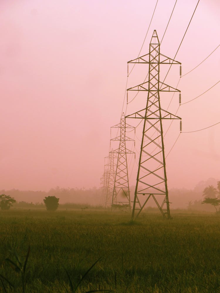 Transmission Towers In A Grass Field