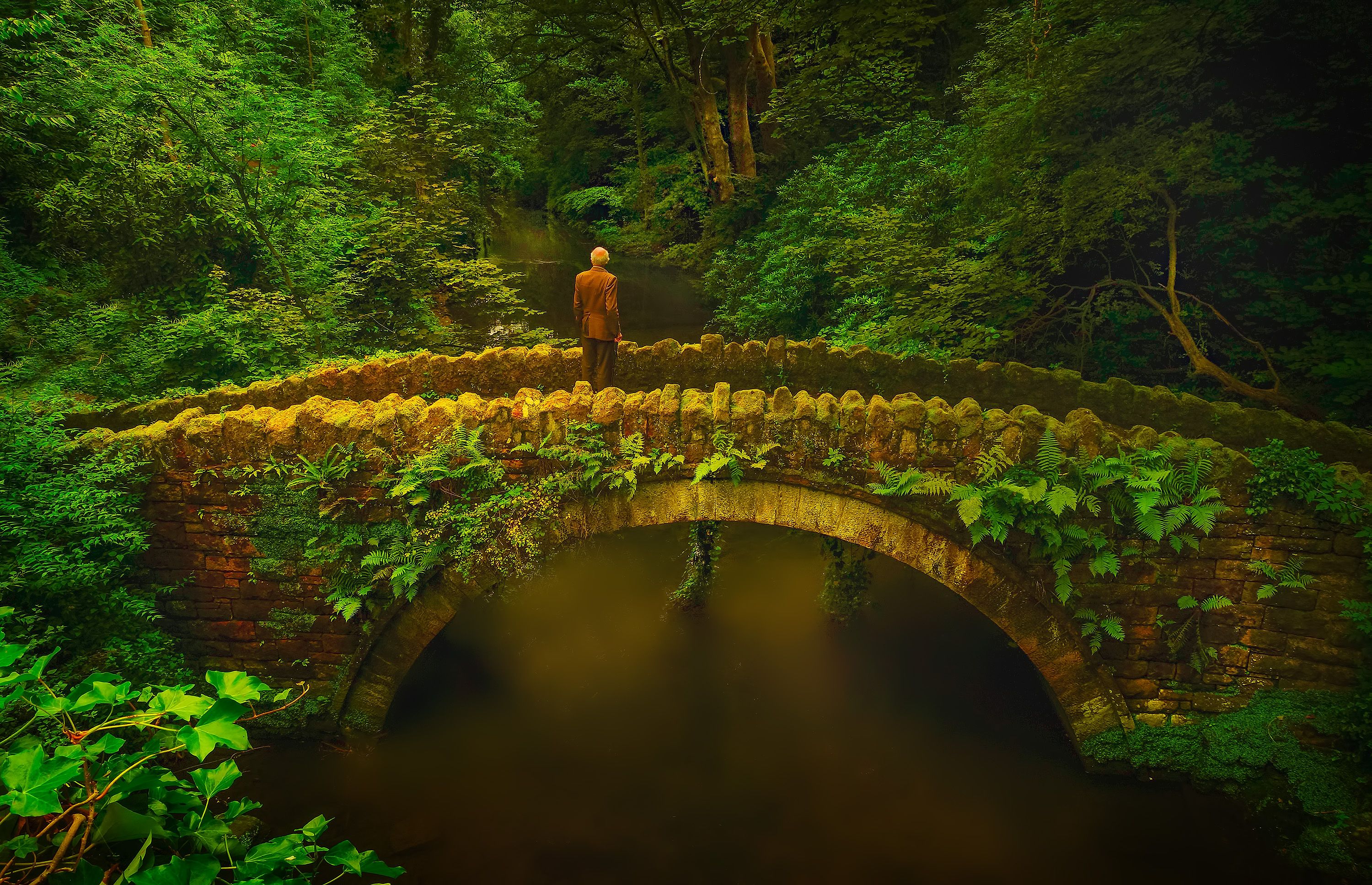A man stands on a moss-covered stone bridge in a tranquil forest setting.