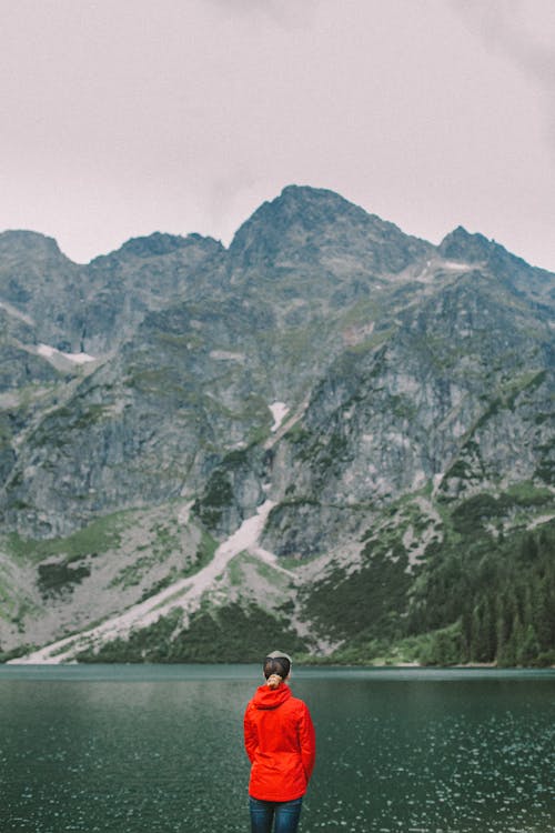 Back View of a Person in Red Jacket Viewing the Mountain Lake Scenery