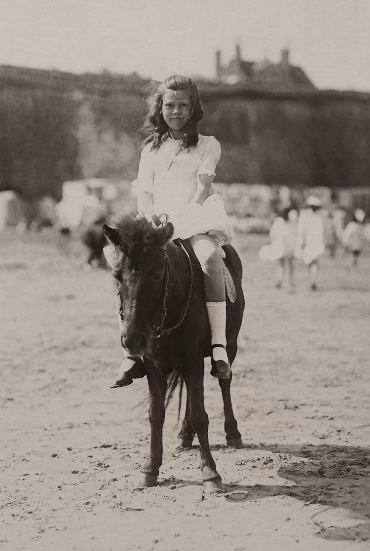 Girl In White Dress Riding A Donkey