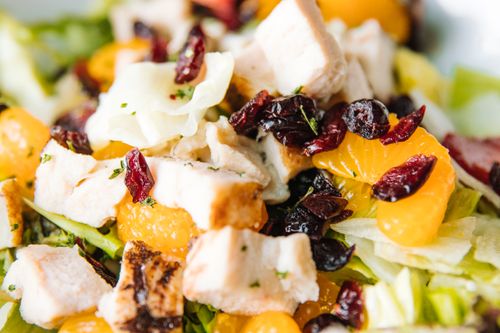 Free Fresh chicken salad with mandarin oranges, dried cranberries, and greens. Stock Photo