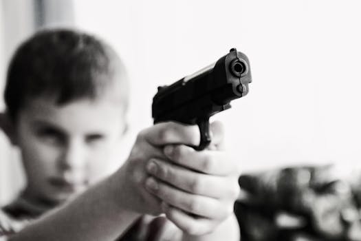 Grayscale Photo of a Boy Aiming Toy Gun Selective Focus Photography