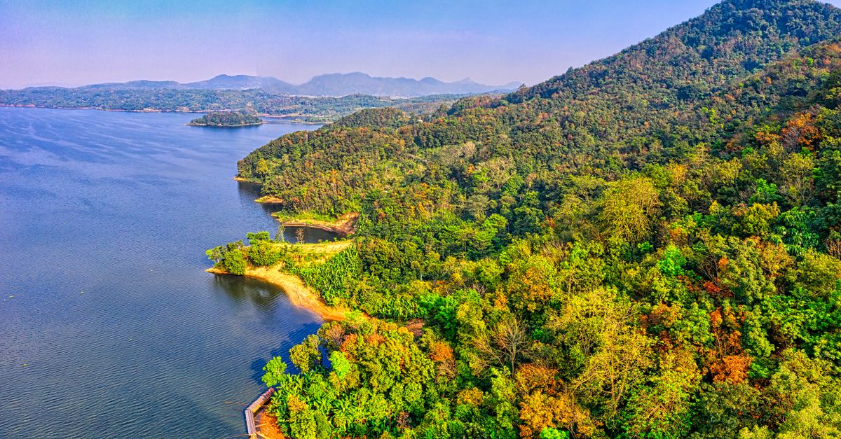 Stunning aerial shot of the scenic Purwakarta landscape with lush forests and a tranquil lake in West Java, Indonesia.
