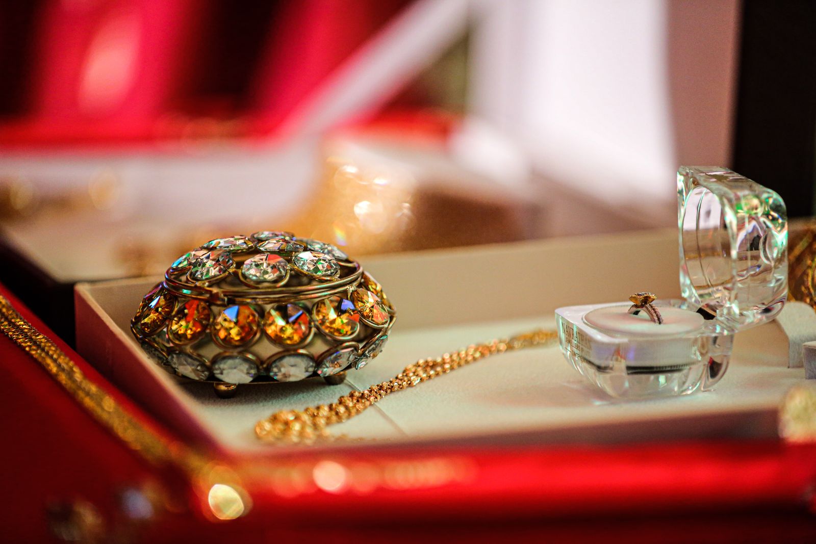 Luxurious jewelry box with gold and jeweled accessories