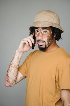 Confident African American male with vitiligo skin standing in studio and having phone call on smartphone