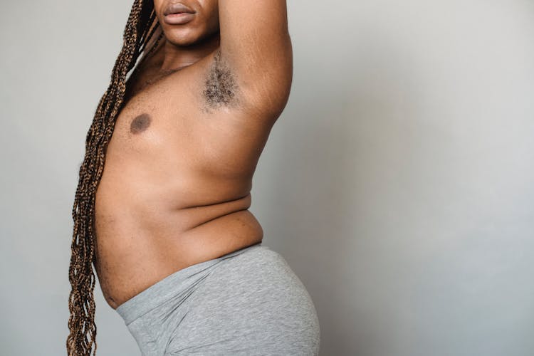 Crop Overweight Black Transgender Man In Underwear In Studio