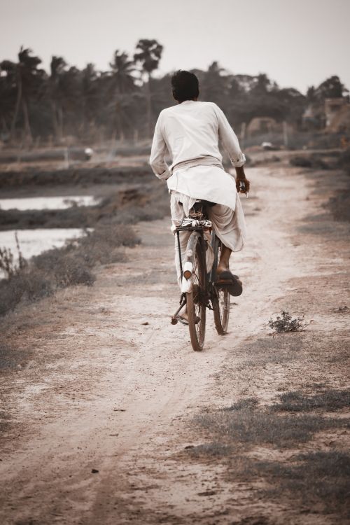 Free Man bicycling on rural path in Bhubaneswar, India, showcasing traditional lifestyle. Stock Photo