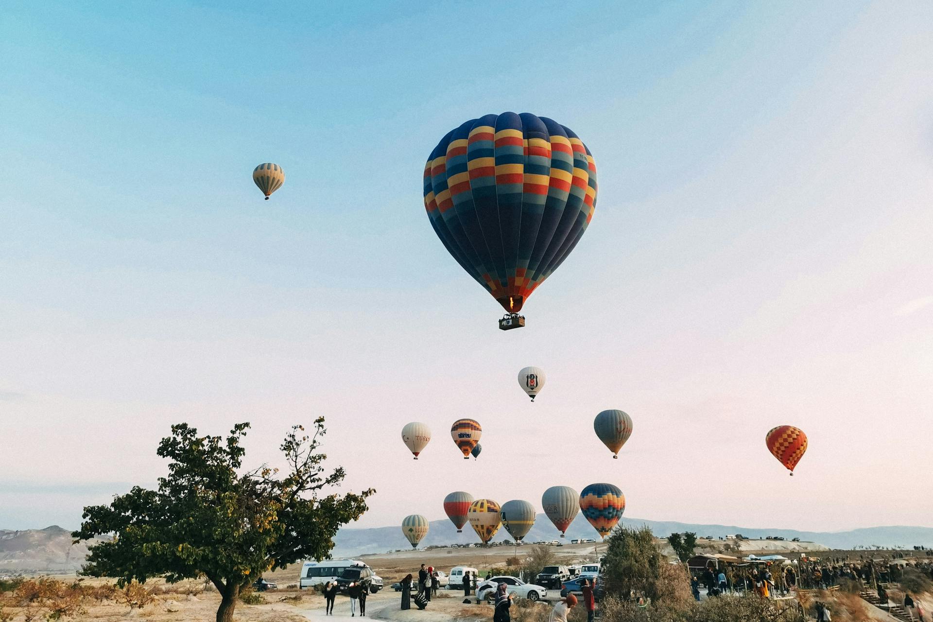 Vibrant hot air balloons floating over a rural landscape during a clear day.