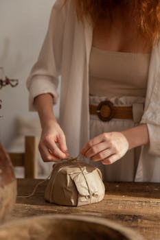 Woman decoratively wrapping a paper package with twine, focusing on hands and details.