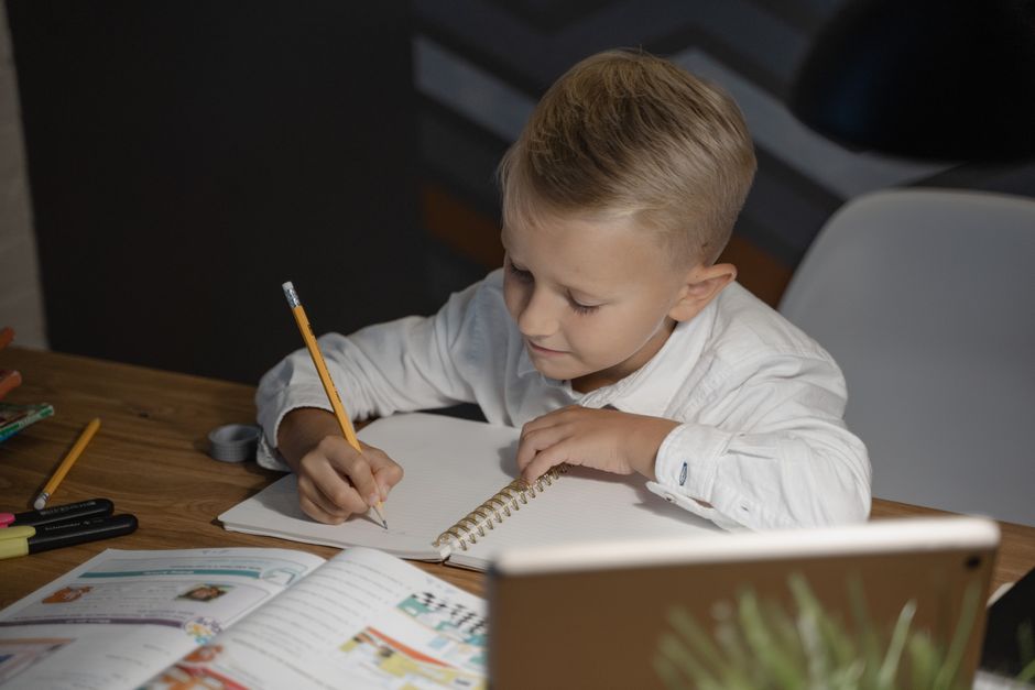 A young boy engaged in writing homework at a desk. Perfect for education themes.