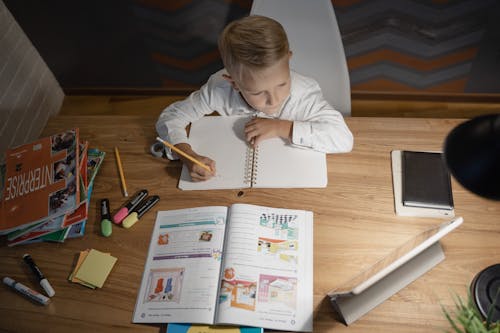 A Kid Looking at a Tablet While Studying