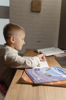Side view of a young boy studying at home with books on a desk in natural daylight.