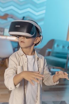 Child experiencing virtual reality indoors with VR headset.