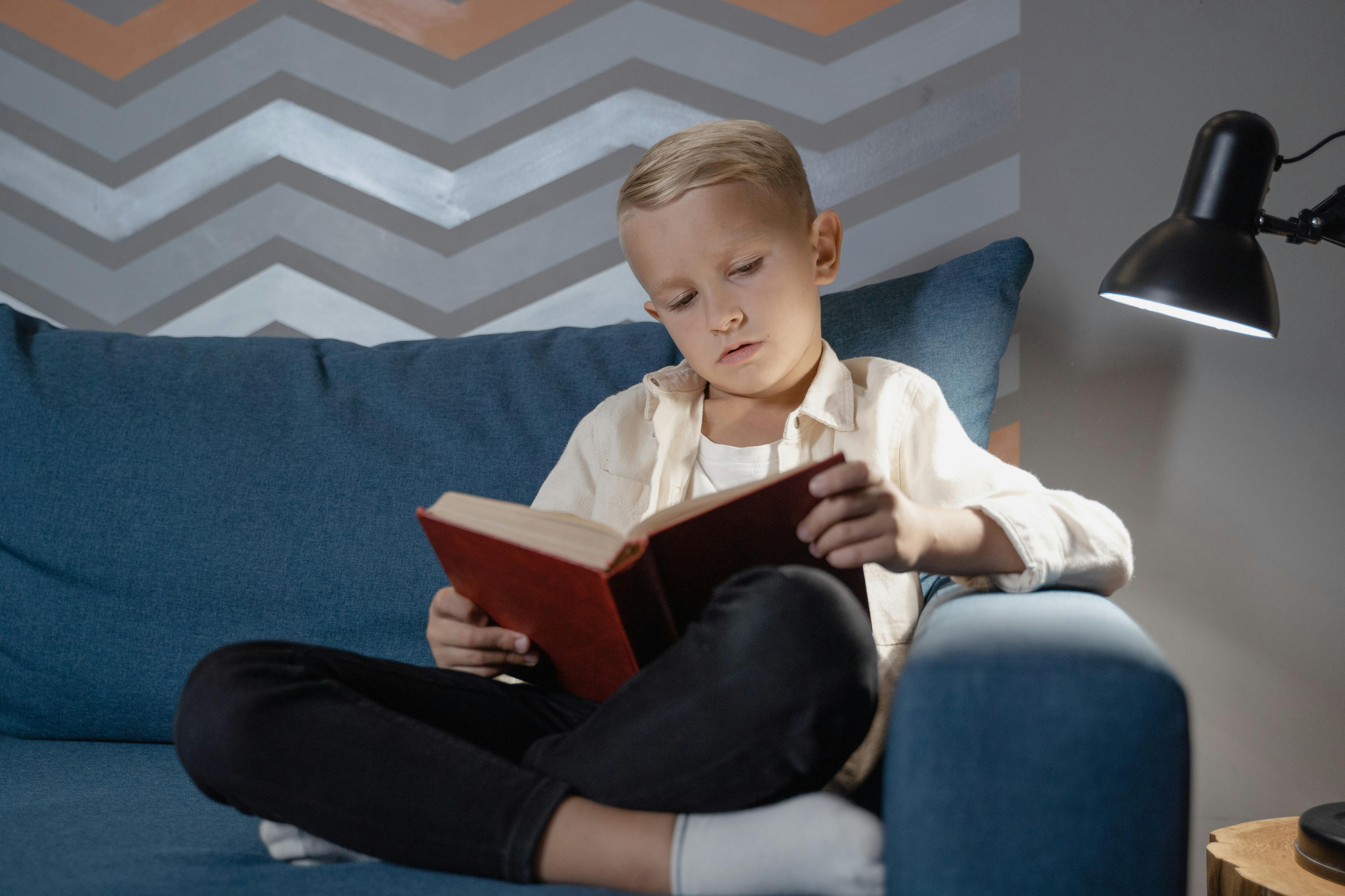 A Boy Reading A Book While Sitting On A Sofa · Free Stock Photo