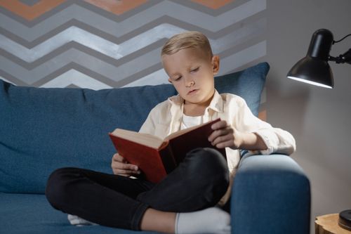 Free A young boy engrossed in reading a book on a comfy blue couch under a warm lamp light. Stock Photo