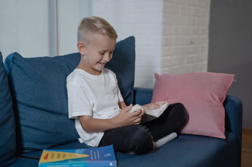 Free Cheerful blond boy reading a book on a cozy blue sofa indoors, smiling. Stock Photo