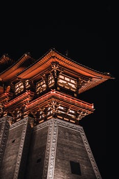 洛阳一座多层中国宝塔的夜景在夜空中明亮，令人惊叹