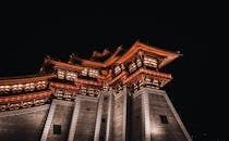 Low Angle Shot of Temple with Lights Under Night Sky