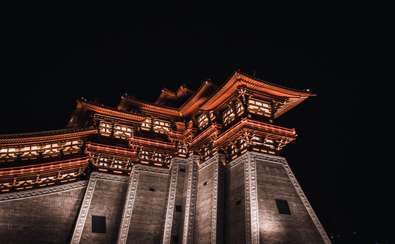 illuminated chinese temple at night showcasing traditional architectur
