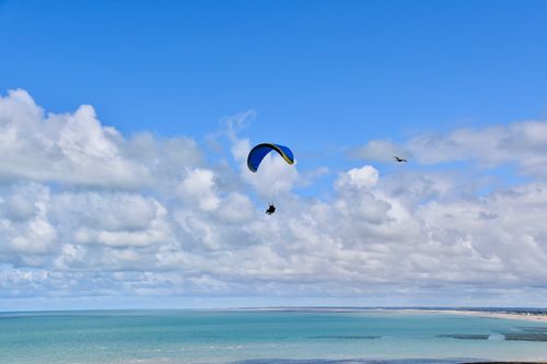 Free Experience the thrill of paragliding over a beautiful seascape under a blue sky. Stock Photo