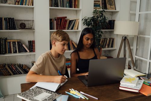 Free A boy and girl study together using a laptop in a home library setting. Stock Photo