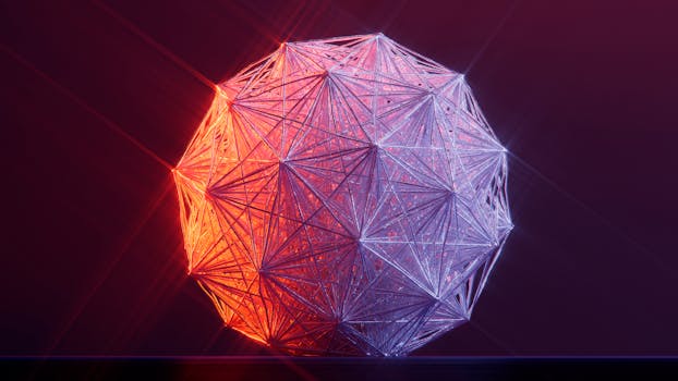 A captivating abstract 3D geometric shape illuminated in red and purple hues against a dark background.
