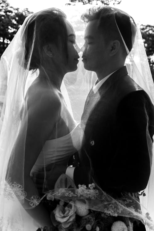 Bride and groom standing under veil