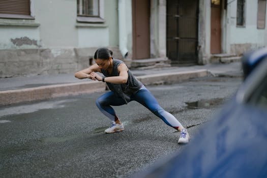 A woman doing stretching exercises on a wet urban street, embracing fitness in an outdoor setting.