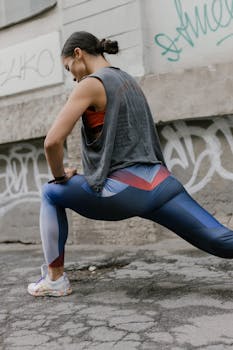 A woman stretches in a colorful outfit against an urban graffiti backdrop, promoting fitness and street style.