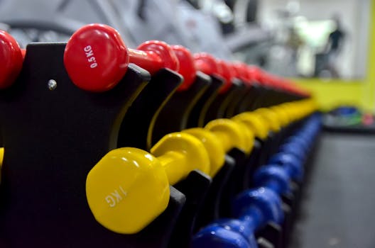 Colorful dumbbells arranged in a gym setting, perfect for fitness and exercise-related content.