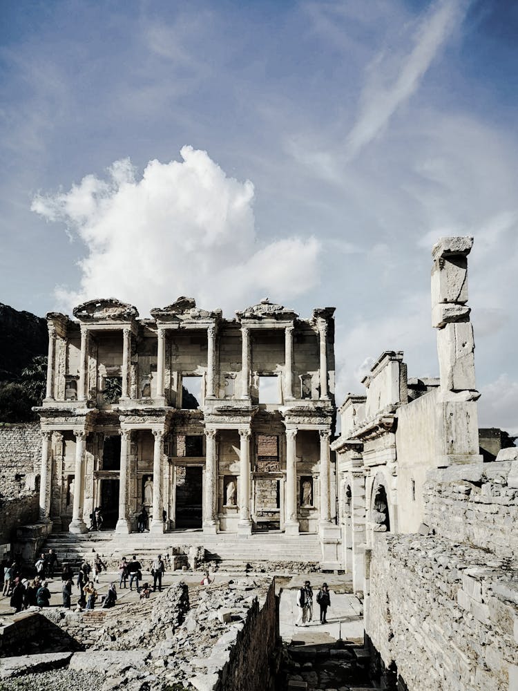 Ancient Library Of Celsus In Ephesus Under Cloudy Sky