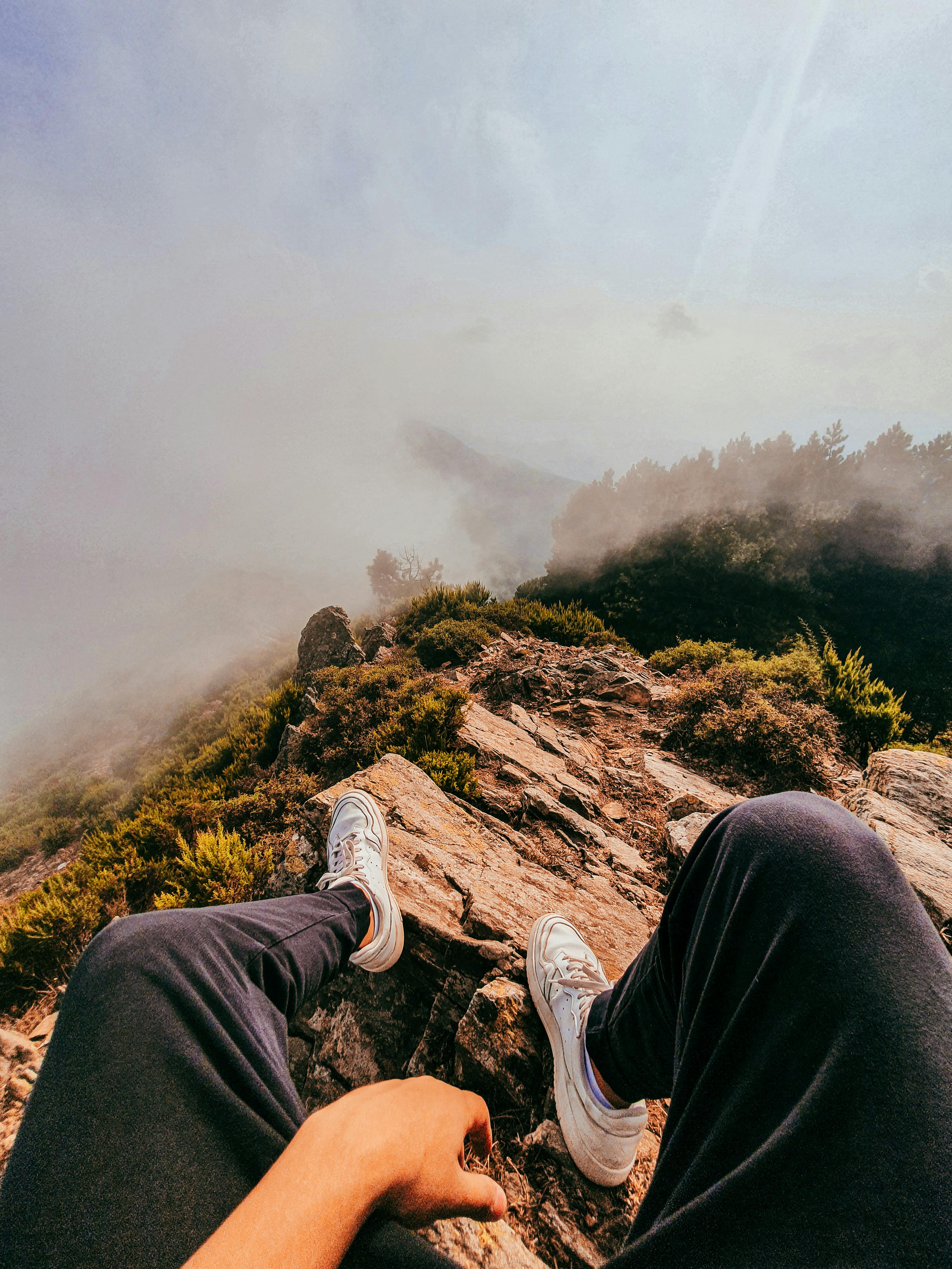 Anonymous person on rocky hill above plants and mist · Free Stock Photo